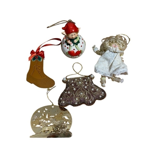Vintage Christmas Ornament Bundle Lot Boot Gold Metal Sleigh Ride Pearl Beaded - Picture 1 of 9